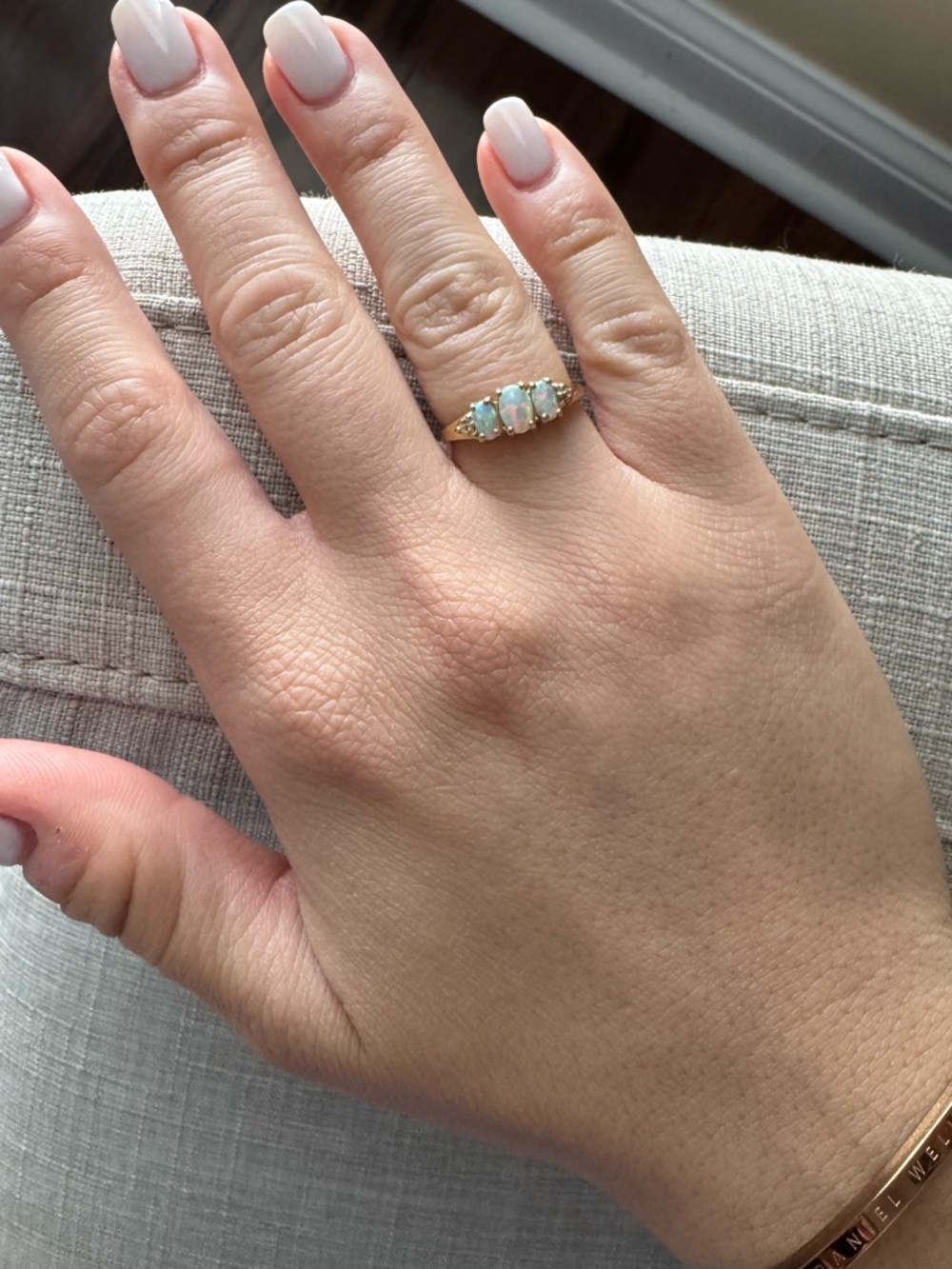 10K Yellow Gold Vintage Opal Diamond Three Stone Band Ring size 6.75 - Picture 7 of 7